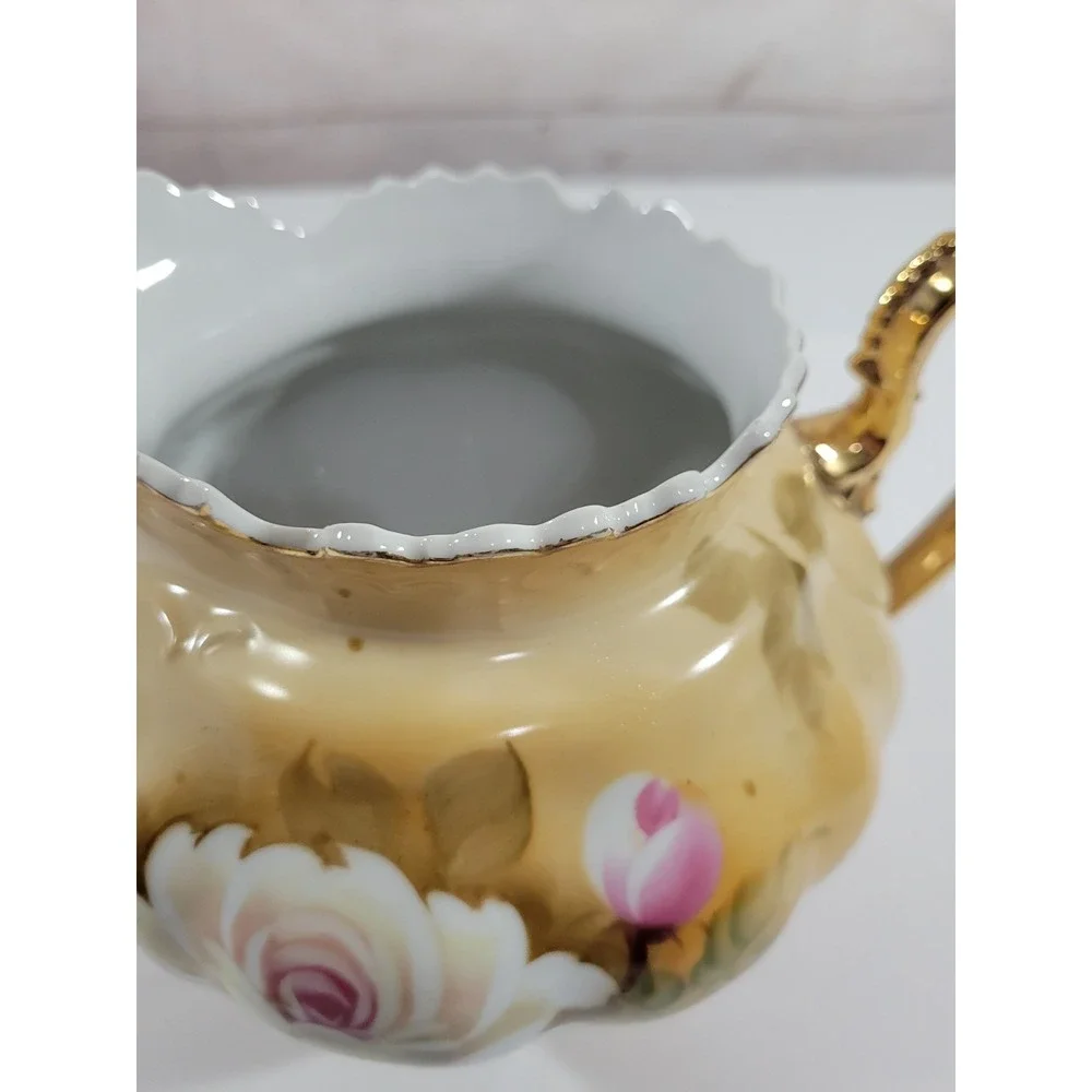 Lefton China Porcelain Pitcher 3114 Hand Painted Beige Floral Gold Trim 6.5